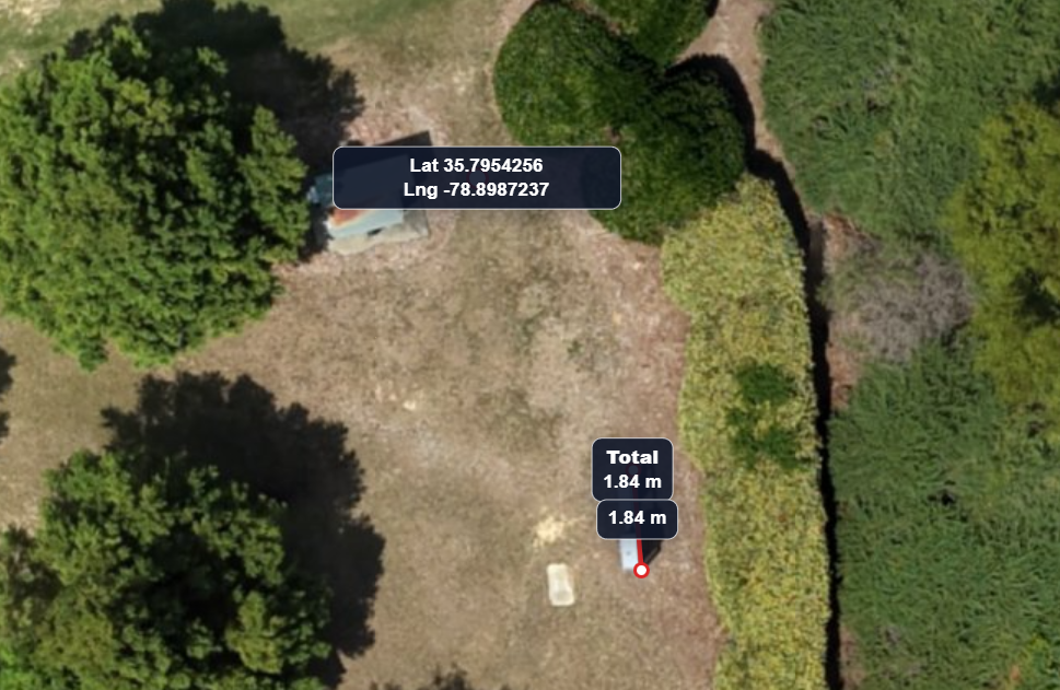 Test 1 before AerialAlign showing coordinate 35.7954256, -78.8987237, 1.188 meter coordinate error, and 1.84 meter measured length